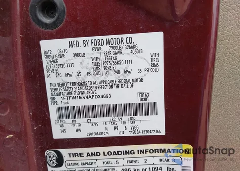 2010 Ford F-150 Fx4/Harley-Davidson/King Ranch/Lariat/Platinum/Xl/Xlt z USA, uszkodzony, nr VIN 1FTFW1EV4AFD24893